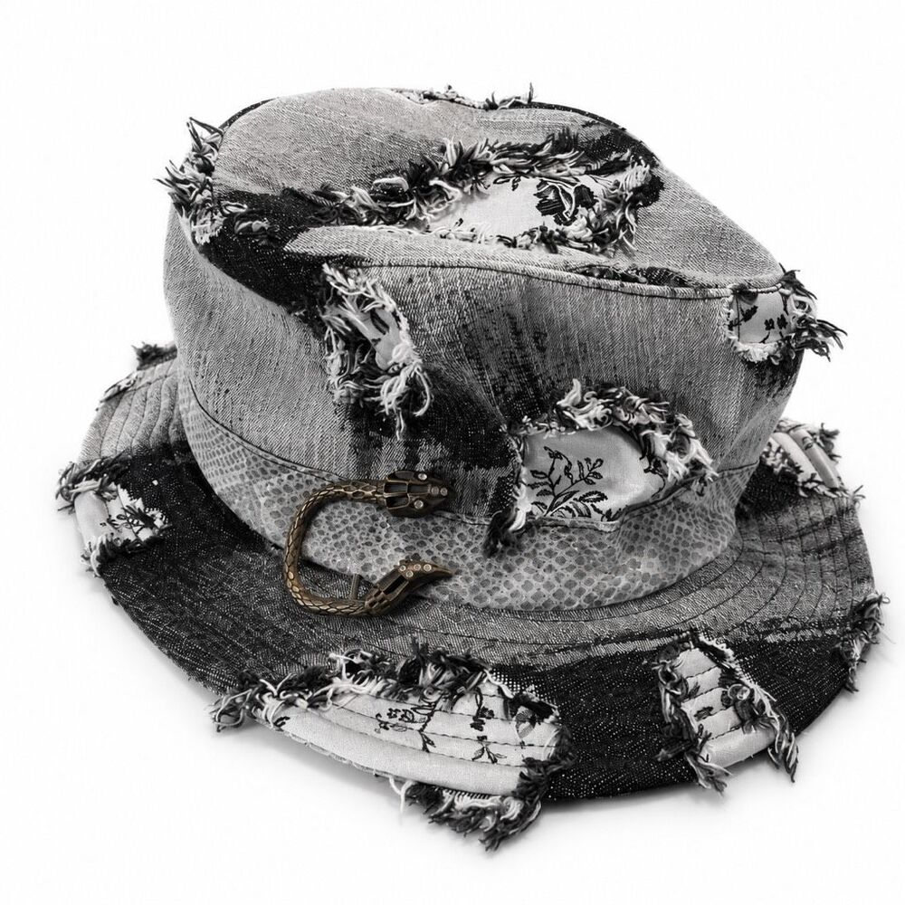 Dream Control Distressed Bucket Hat Snakeskin Patchwork Black Unisex LXL